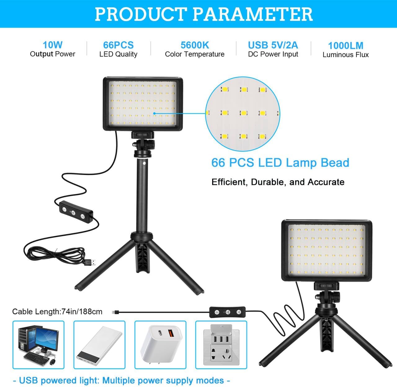 LED Video Light 2-Pack, 5600K Dimmable USB Camera Lighting Kit | Photography Lights with Mini Tripod & Colored