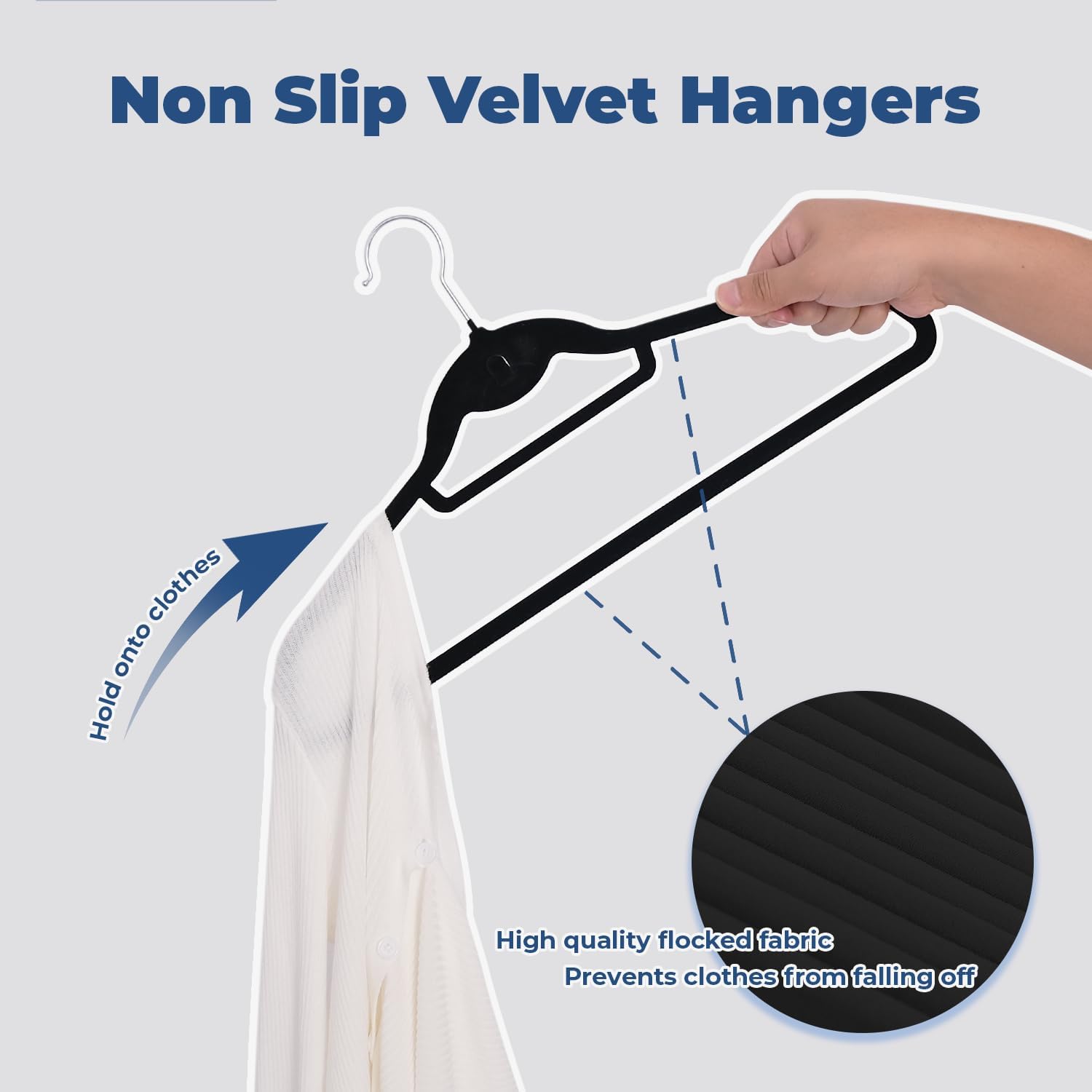 Black Velvet Hangers, Stackable Hanger with Non Slip Felt Fabric | Ultra Thin and Space Saving with 360° Swivel Hook