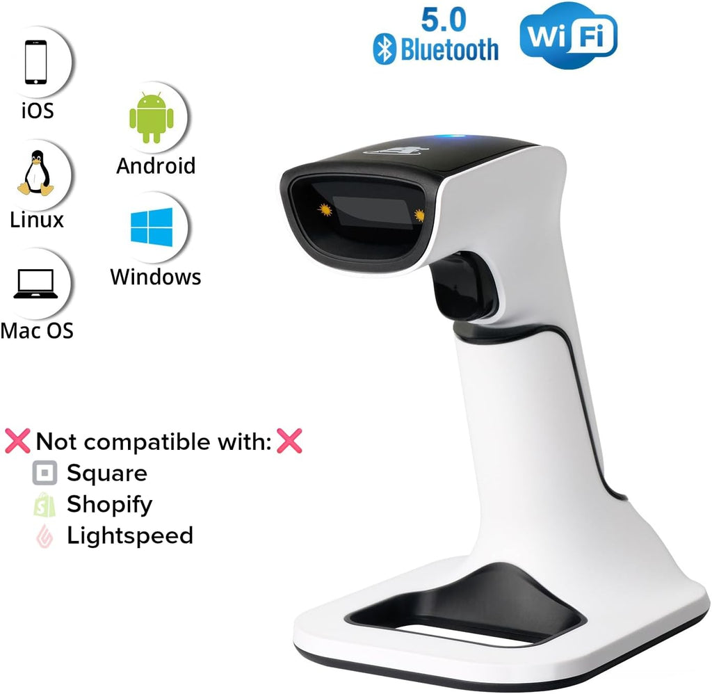 Wireless Portable 1D&2D with Stand Bluetooth Barcode Scanner: 3-in-1 Handheld Scanner, Rechargeable Battery for