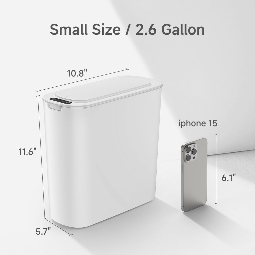 Automatic Small Bathroom Trash Can with Lid, 2.6 Gallon, White
