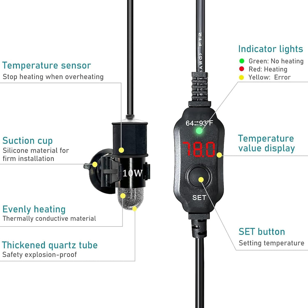 USB 10W Mini Submersible Aquarium Heater Adjustable Fish Tank Heater | Used for 0.5-1 Gallons, Built-in Thermometer