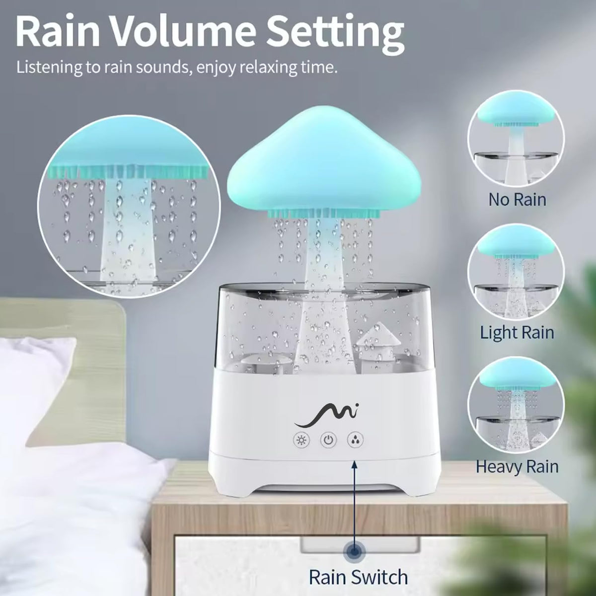 Rain Cloud Humidifier for Bedroom with Remote Control, Built-in Sound Speaker, Aromatherapy Water Drip Diffuser, LED