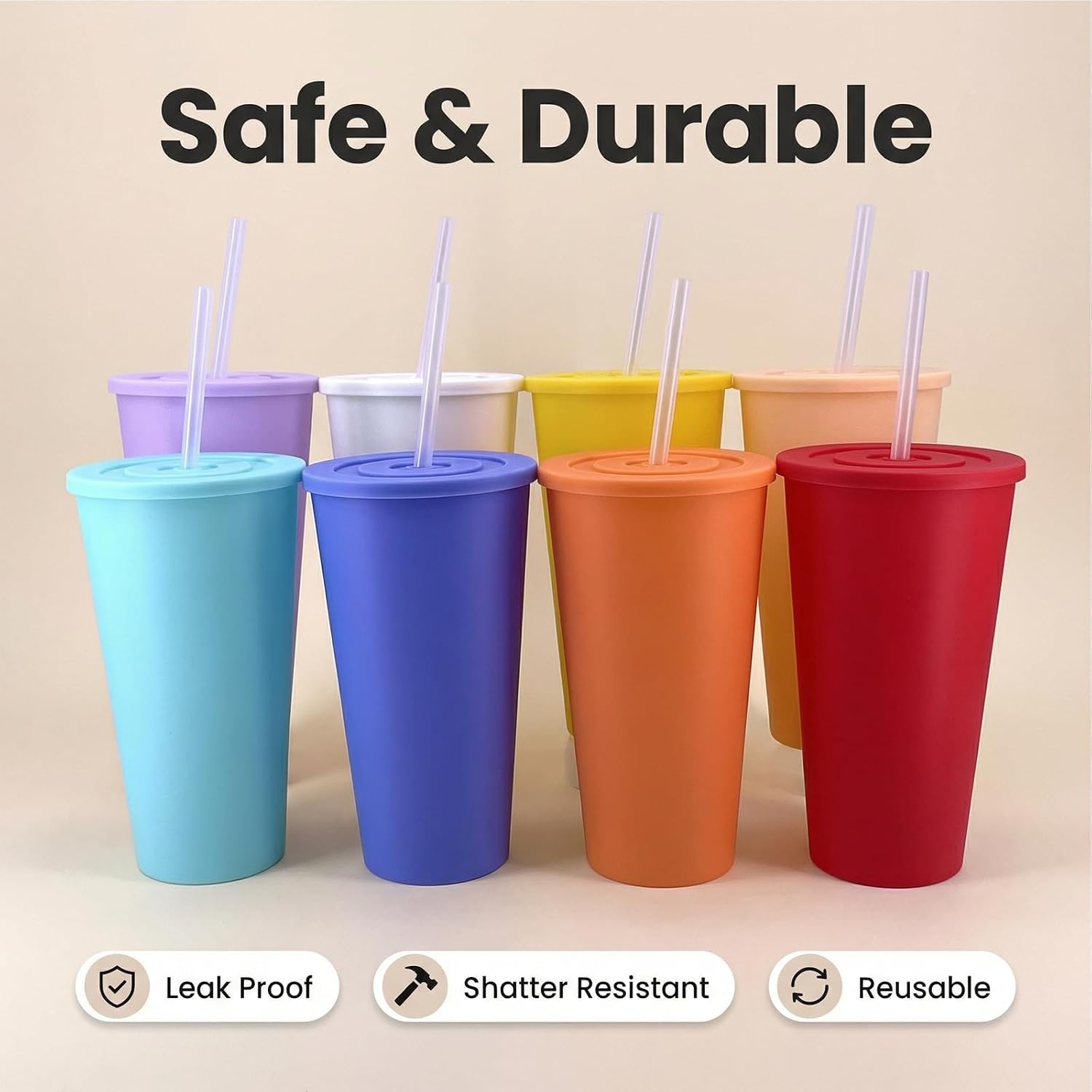 24 oz Cup with Lid Straw set of 8, Reusable Plastic Tumbler Vibrant | Coffee, BPA Free, Food Grade PP, Leak-Proof