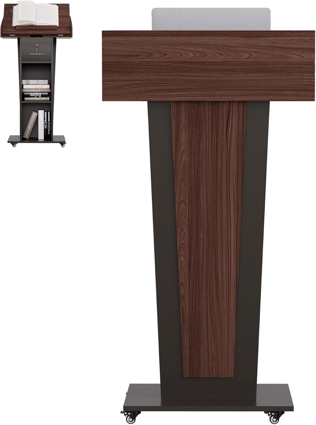 Podium Stand with Adjustable-Angle Tabletop, Wheels & Lockable Drawer
