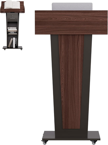 Podium Stand with Adjustable-Angle Tabletop, Wheels & Lockable Drawer