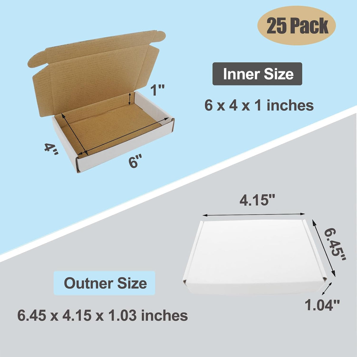 6x4x1 Boxes for Shpping Mailing, 25 Pack Small White Mailer Box Flat Corrugated Cardboard Packaging Gift Boxes Bulk