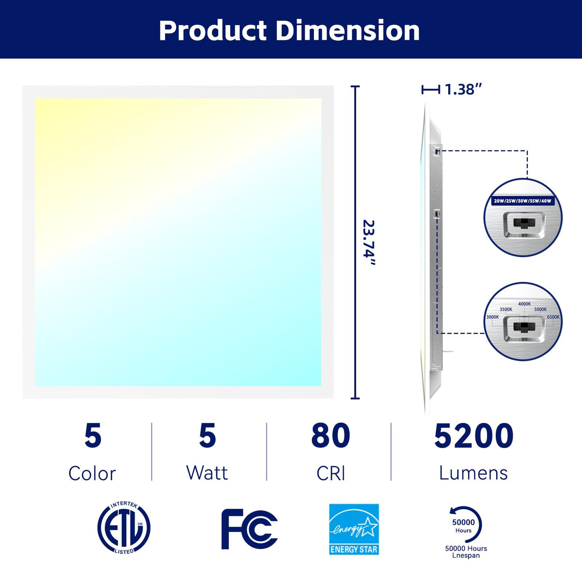6Pack 2x2 LED Panel Light 5CCT Selectable Drop Ceiling Light Fixture