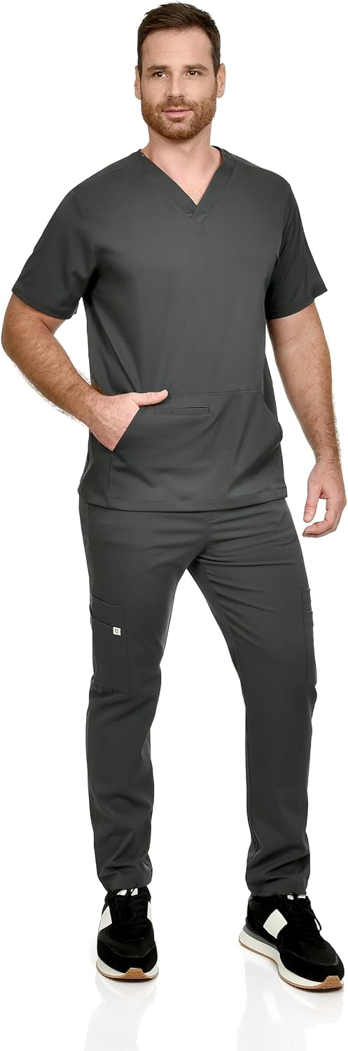 CINQO Men Scrub Set V-Neck Scrub Top & Bottom 4-Way Stretch, Breathable, Modern Fit Medical Work