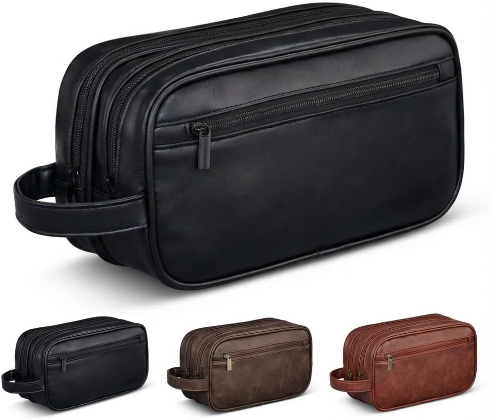 Men’s Toiletry Bag Travel Dopp Kit – double-deck PU Leather Water-Resistant Shaving Organizer Large Capacity, Double