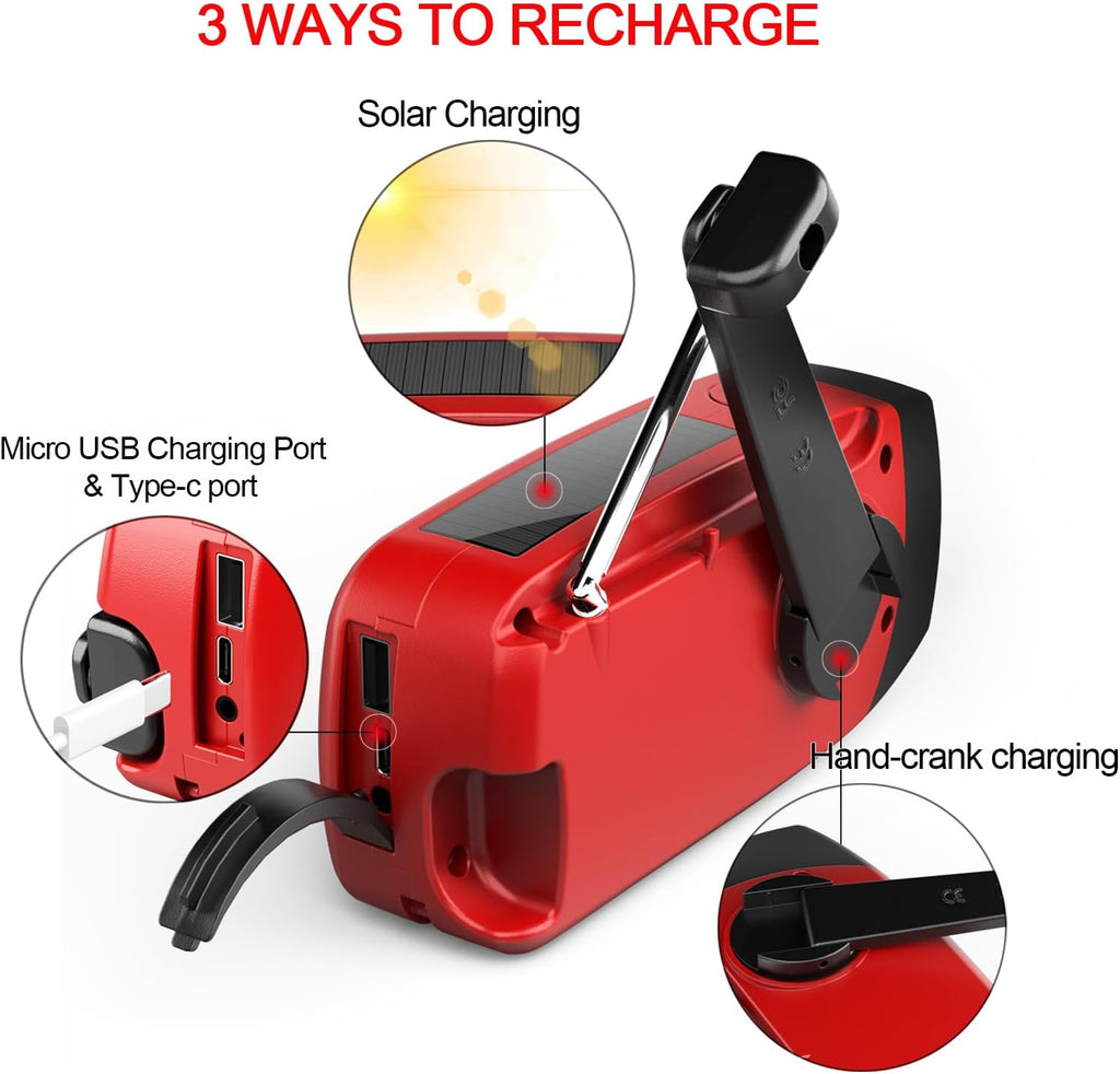 Solar Hand Crank NOAA Weather Radio, AM/FM, 2000mAh Charger, Light, SOS | 7400mWh Emergency USB phone charge, 3 LED