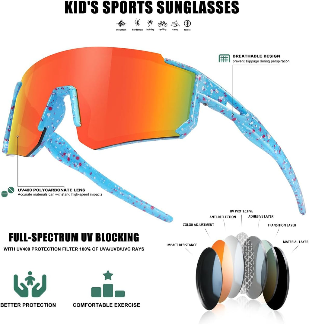 Kids Sunglasses Youth Baseball Sunglasses for Boys Girls Softball Sports Sun Glasses UV Protection
