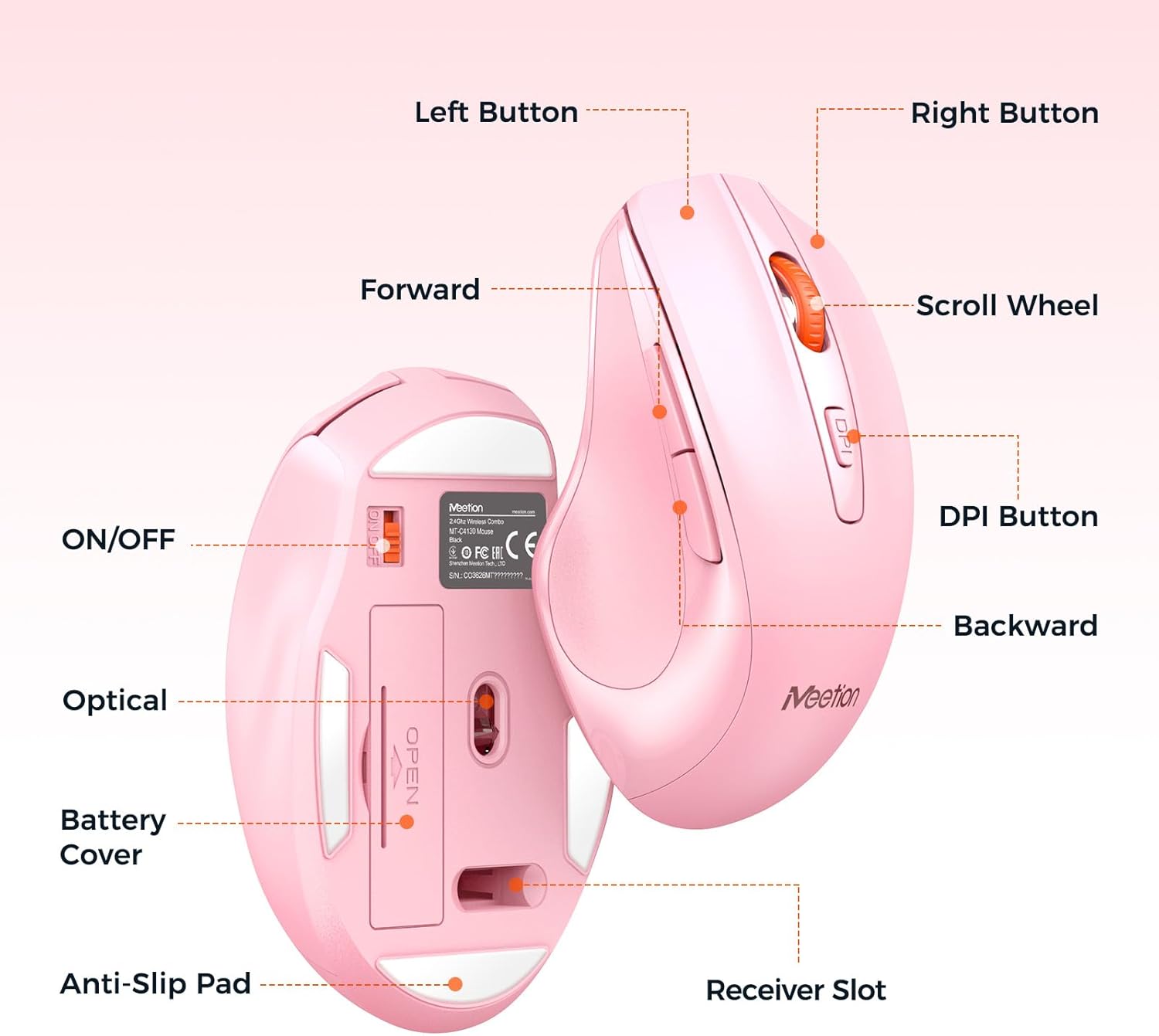 Wireless Keyboard and Mouse Combo, Full-Size with Wrist Rest, Pink | 2.4GHz USB receiver, 3 adjustable DPI mouse