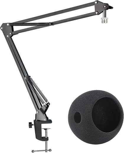 Mic Stand with Foam Windscreen For Blue Snowball, Suspension Boom Scissor Arm Stand with Pop Filter Cover for
