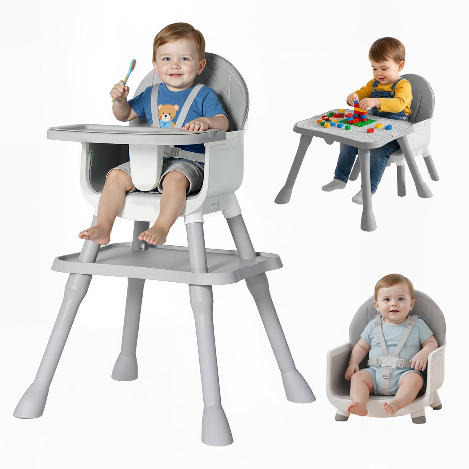 6-in-1 Convertible Baby Highchair, Booster Seat, Toddler Chair & Building Block Table, with Removable Tray, Easy