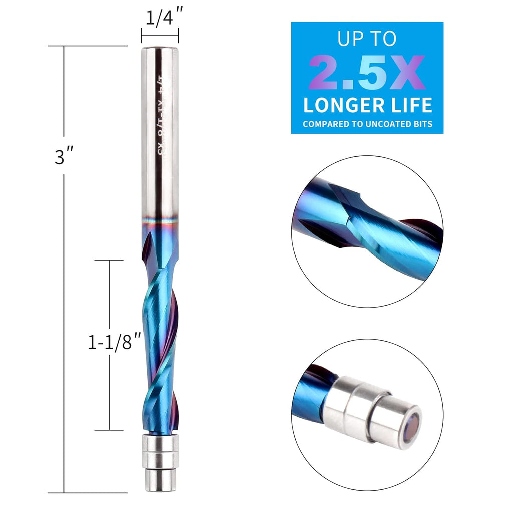 Upcut Spiral Flush Trim Router Bit, 1/4 Inch Shank Solid Carbide Flush Trim Router Bits Spiral with Nano Coated by