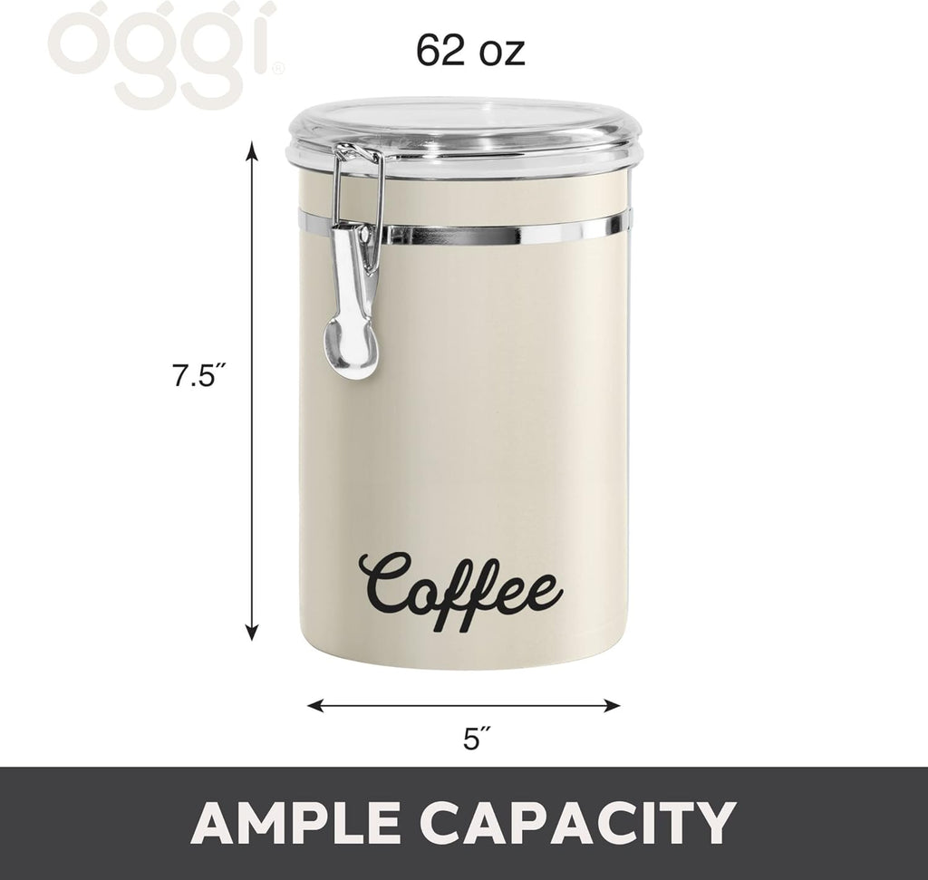 Stainless Steel Coffee Canister 62 fl oz - Airtight Clamp Lid, Warm Gray, Tinted See-Thru Top - Ideal for Coffee Bean