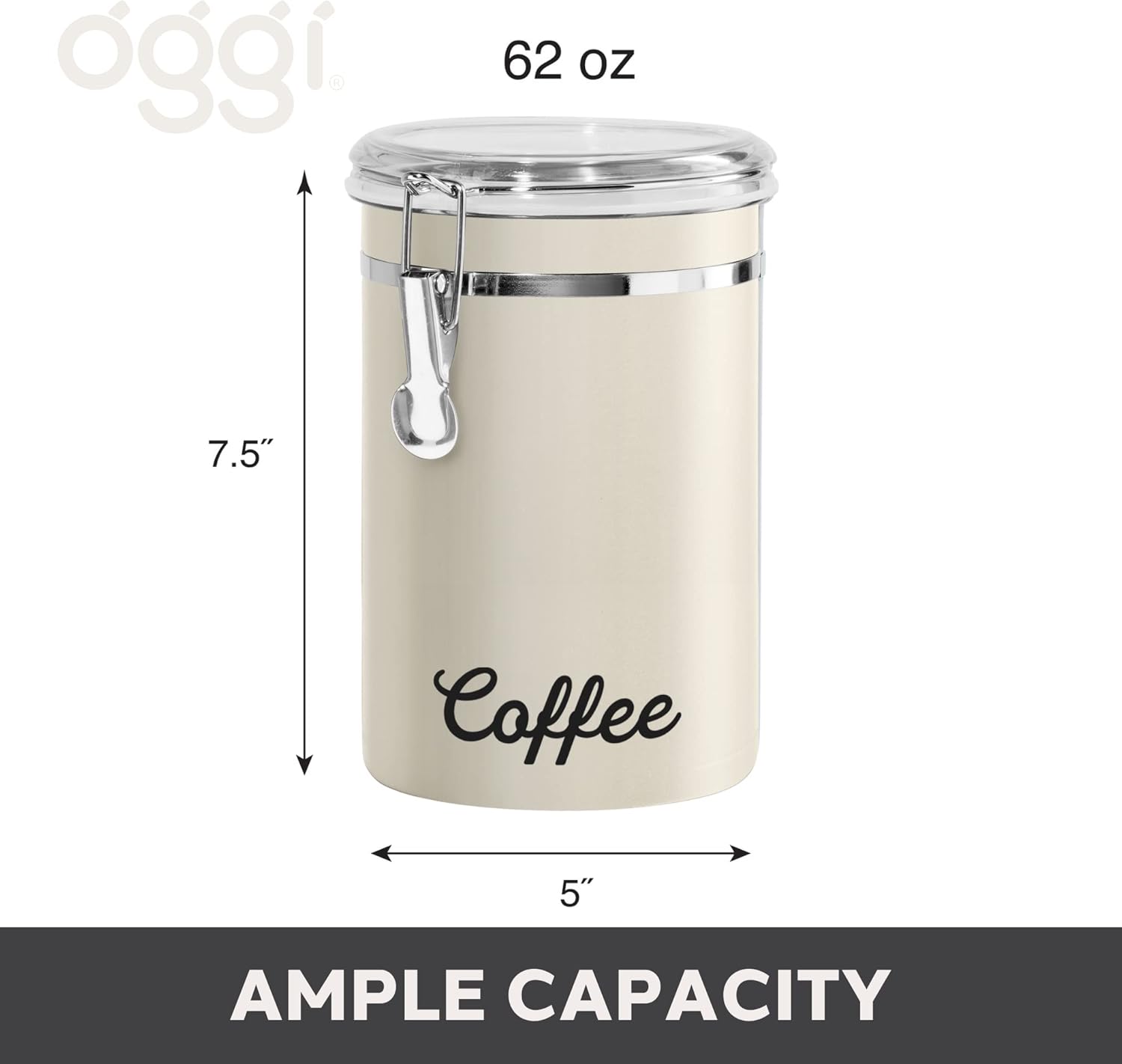 Stainless Steel Coffee Canister 62 fl oz - Airtight Clamp Lid, Warm Gray, Tinted See-Thru Top - Ideal for Coffee Bean