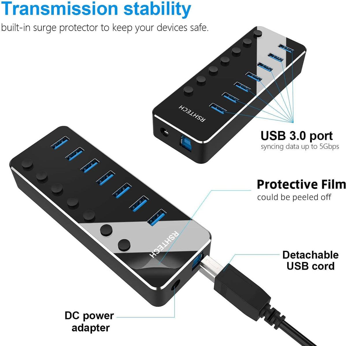 7-Port Powered USB Hub, USB 3.0 Data Port Extender Hub, RSH-518