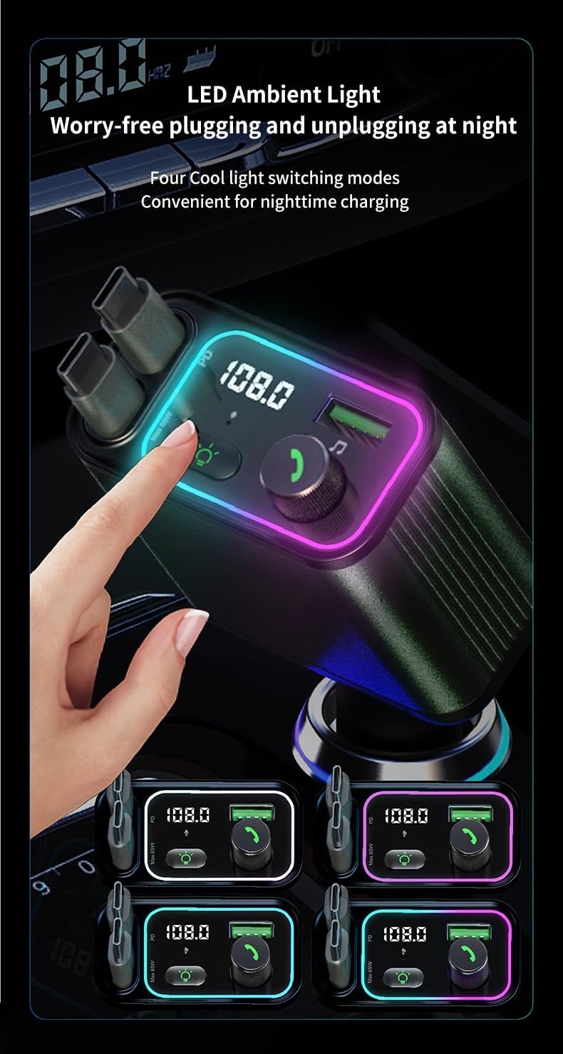 3 in 1 Retractable Car Charger Adapter & FM Transmitter Bluetooth Mp3 Player- Max 65W + 18W with 2 PD Fast Charging,2