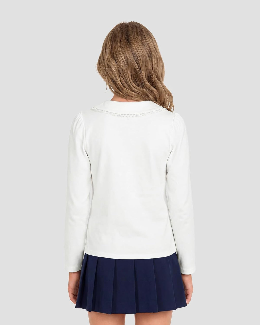 Girls Long Sleeve Polo Shirts School Uniform Peter Pan Collar Tops | Puff Sleeve, Lace Trim, Cotton-Blend, Button