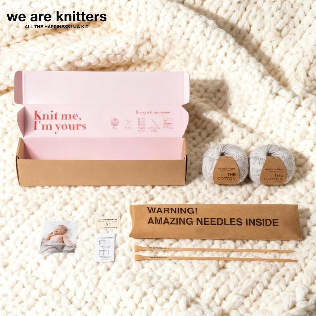 Blanket Knitting Kit for Beginners – DIY Cotton Throw Starter Set with Knitting Needles, Sewing Needle, Textile Label