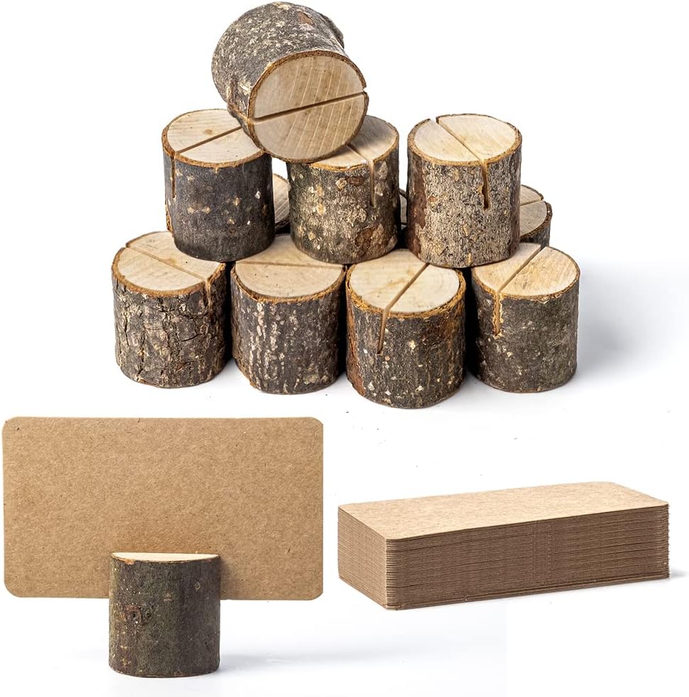 12Pcs Mini Wood Place Card Holders and 24Pcs Kraft Place Cards, Rustic Table Number Holders, Food Labels for Party