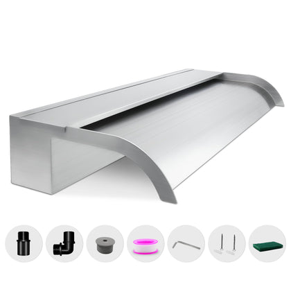 Waterfall Spillway, Stainless Steel Pool Fountain w/Top Open Lip & Pipe Connector Kits for Outdoor/Indoor Decorative
