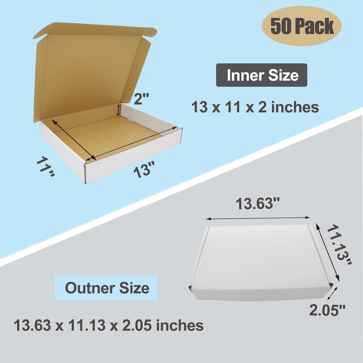 13x11x2 Shipping Box, 50 Pack Corrugated Cardboard Boxes Mailers for Business Packaging Mailing White Lightweight