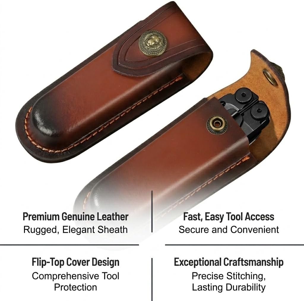 Leather Pocket Knife Sheath for Belt, Large 5in Folding Pouch | Brown cowhide leather, lion head snap, belt loop;