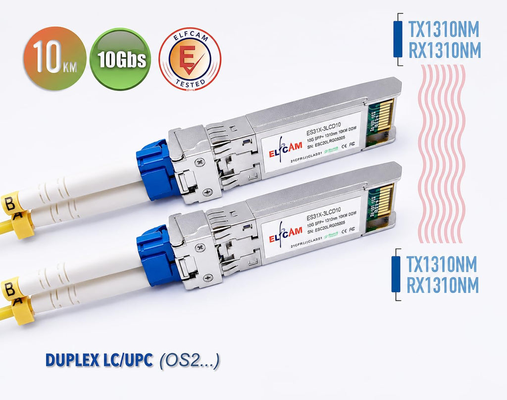 Elfcam - 2 Pack 10Gb SFP+ Transceiver Module, 10GBase-LR SFP+ Module 1310nm, LC/UPC Duplex Singlemode Connector (OS2), DDM10KM