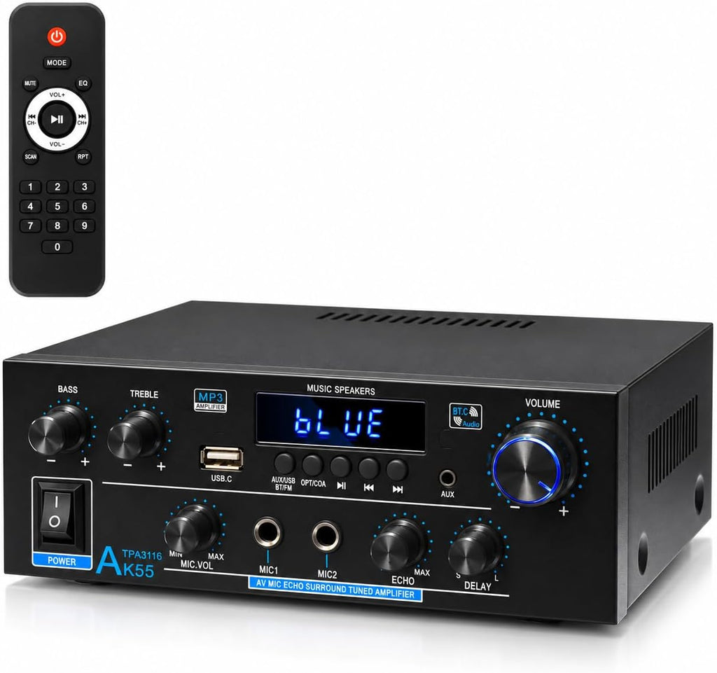 AK55 Stereo Amplifier Home Audio, Bluetooth 5.0 Max 600W Power Stereo Receivers 2.0 Channel Audio Amplifier for
