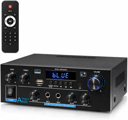 AK55 Stereo Amplifier Home Audio, Bluetooth 5.0 Max 600W Power Stereo Receivers 2.0 Channel Audio Amplifier for