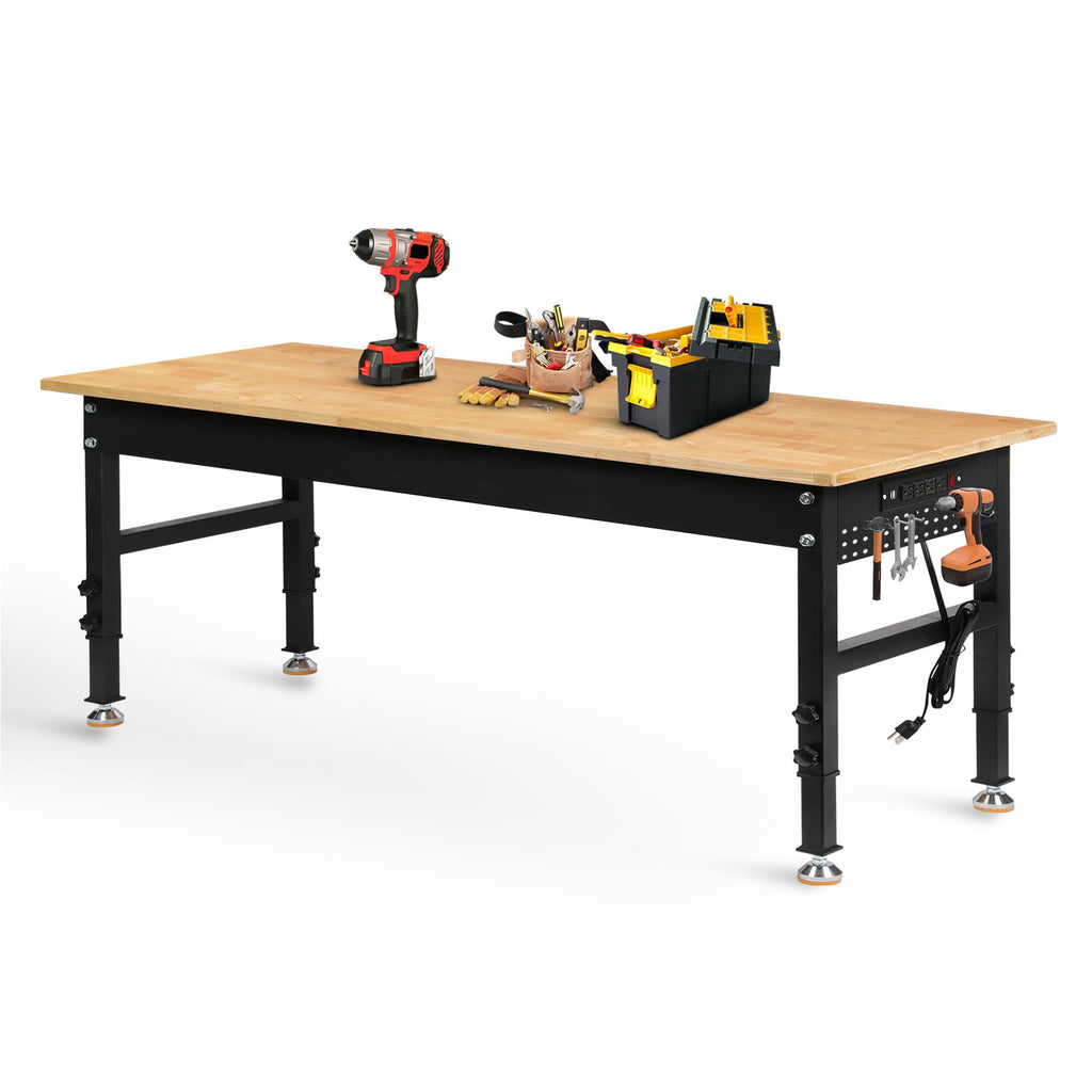 70" Adjustable Height Workbench, 2000 LBS Heavy Duty Work Table with Power Outlets & Pegboard, Rubber Wood