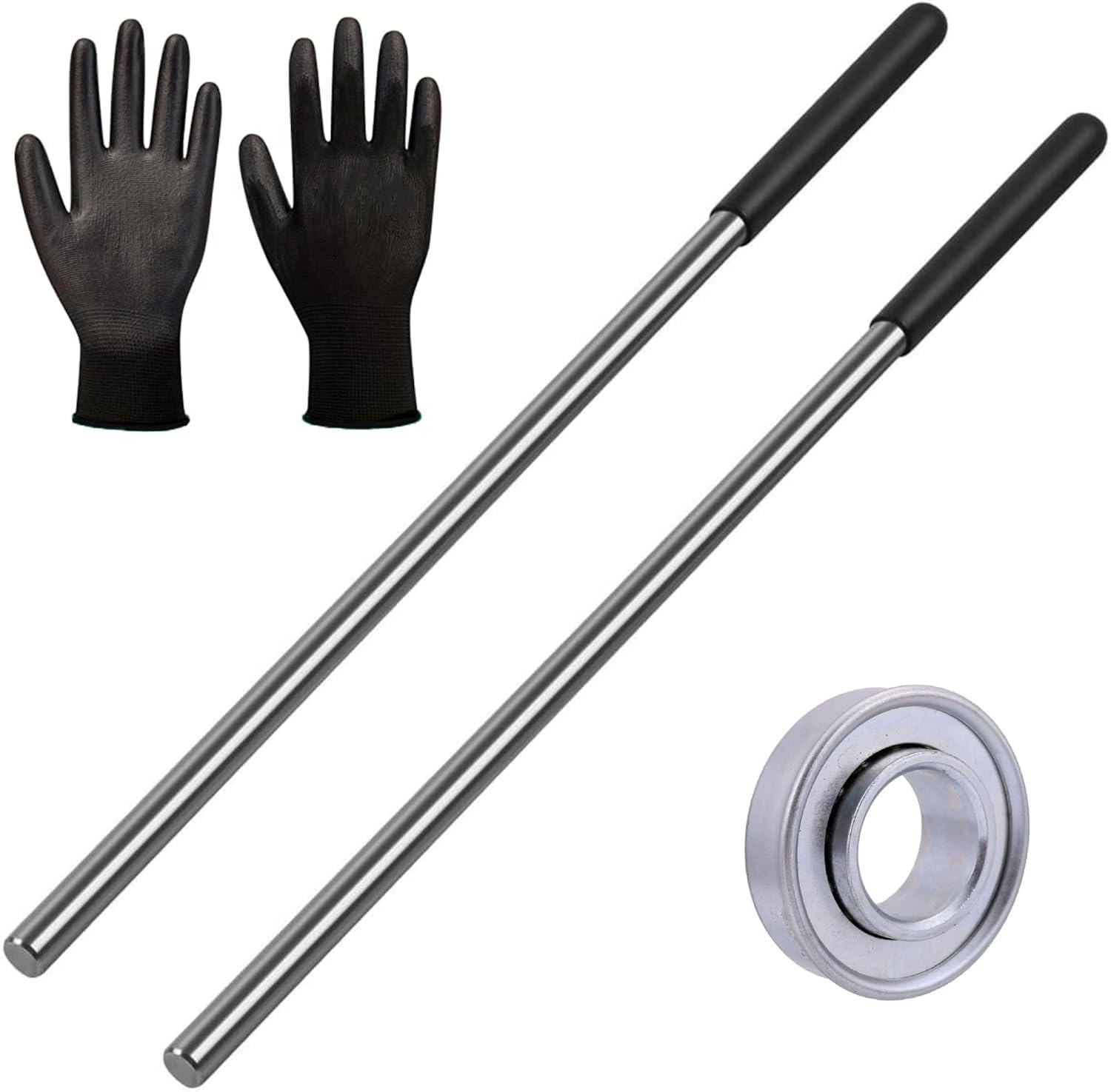 Garage Door Pair of Non-Slip Winding Bar Rods, Gloves, and 1" ID and 2" OD Steel Centerpiece Bearing Bundle Kit for