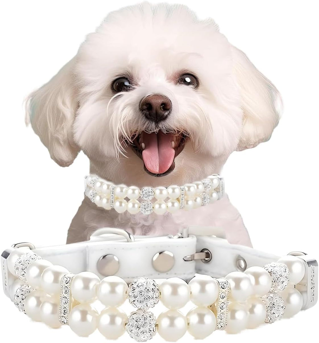 White Pearl Dog Collars for Small Dogs, Beaded Cat Collar with Crystal, XS