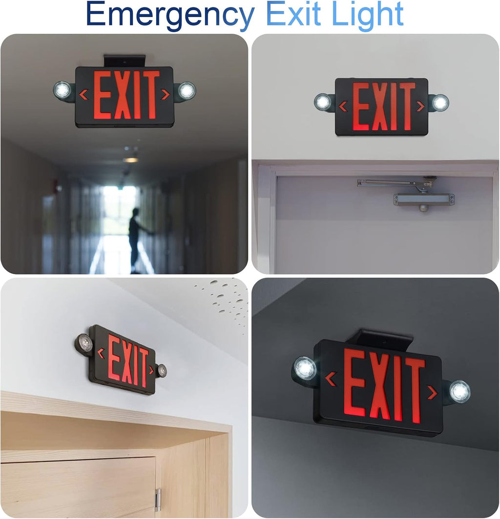 Black Housing Exit Sign with Emergency Lights Red, LED Emergency Exit Light with Battery Backup, UL 924 Certified, AC