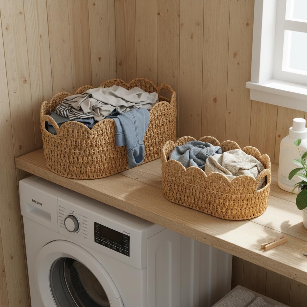 Paper Rope Scalloped Basket Set of 2,Woven Storage Baskets for Shelves,Laundry,Towels,Clothes,Books,Toys,Cute Decor