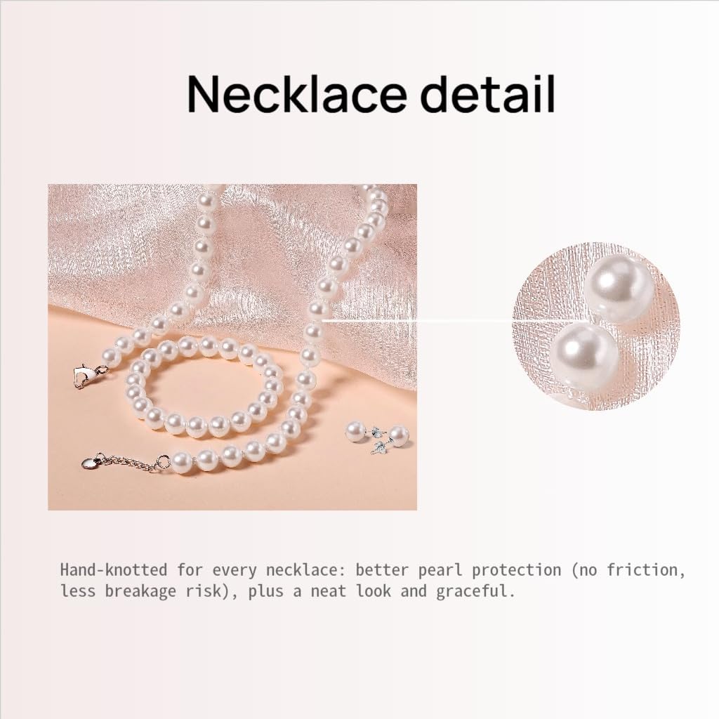 Pearl Necklace Set for Women and Girls, 8mm Glass Faux Pearl Includes Bracelet & Stud Earrings, 3-Piece Costume
