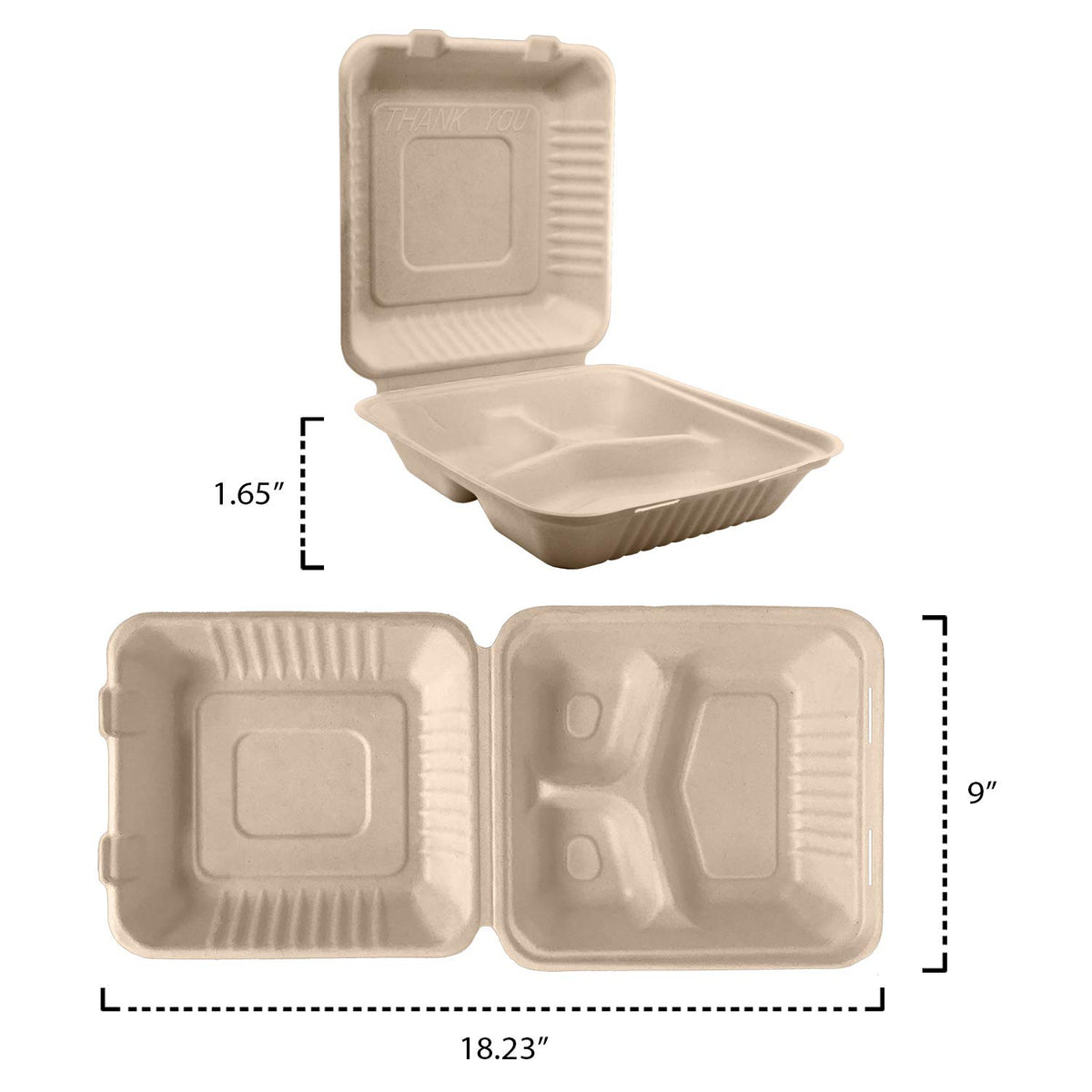 Biodegradable Bagasse/Eco-Friendly Sugar Cane Fibers Clamshell Take Out Food Containers, 9 x 9" 3-Compartment