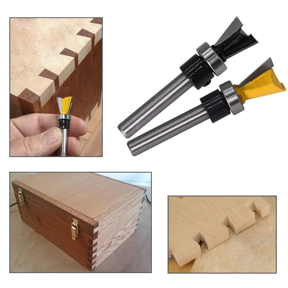 2Pcs 1/4 Inch Shank Dovetail Joint Router Bits with Bearing Guide Dovetail Jig Bit for Furniture Building Cabinet
