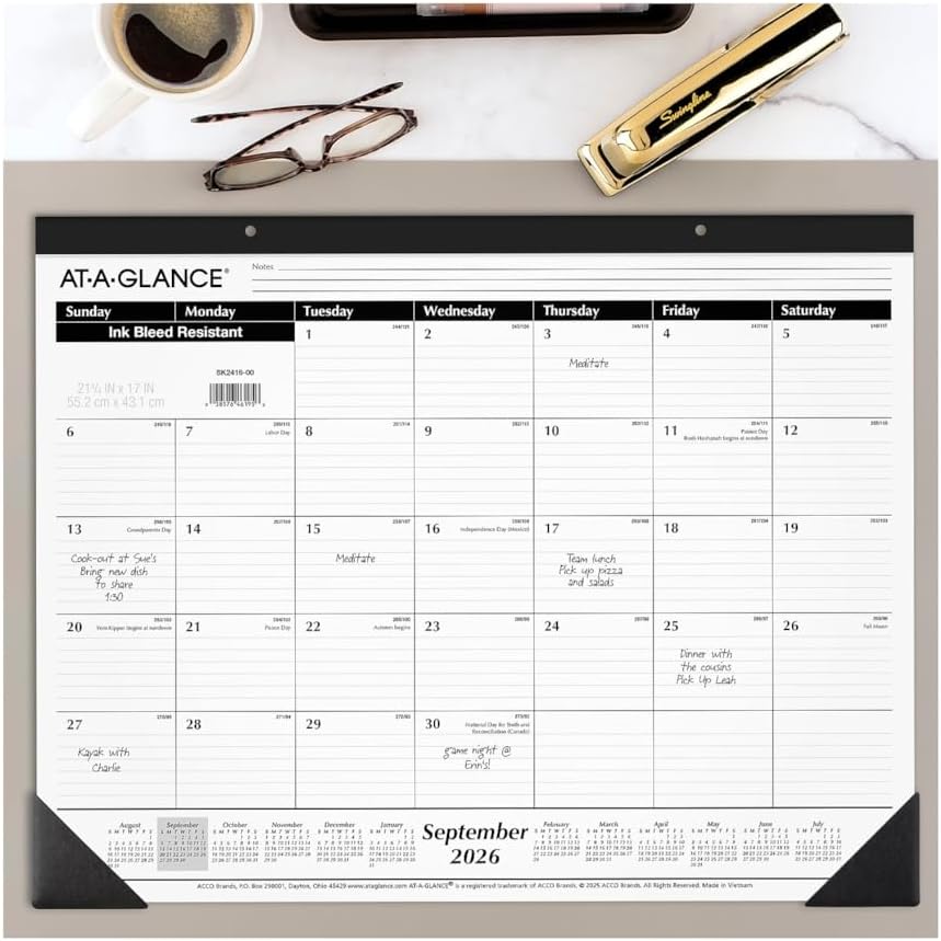 2026-2027 AT-A-GLANCE 21.75" x 17" Academic Monthly Desk Pad Calendar, White/Blue (SKLPAY-32-27)