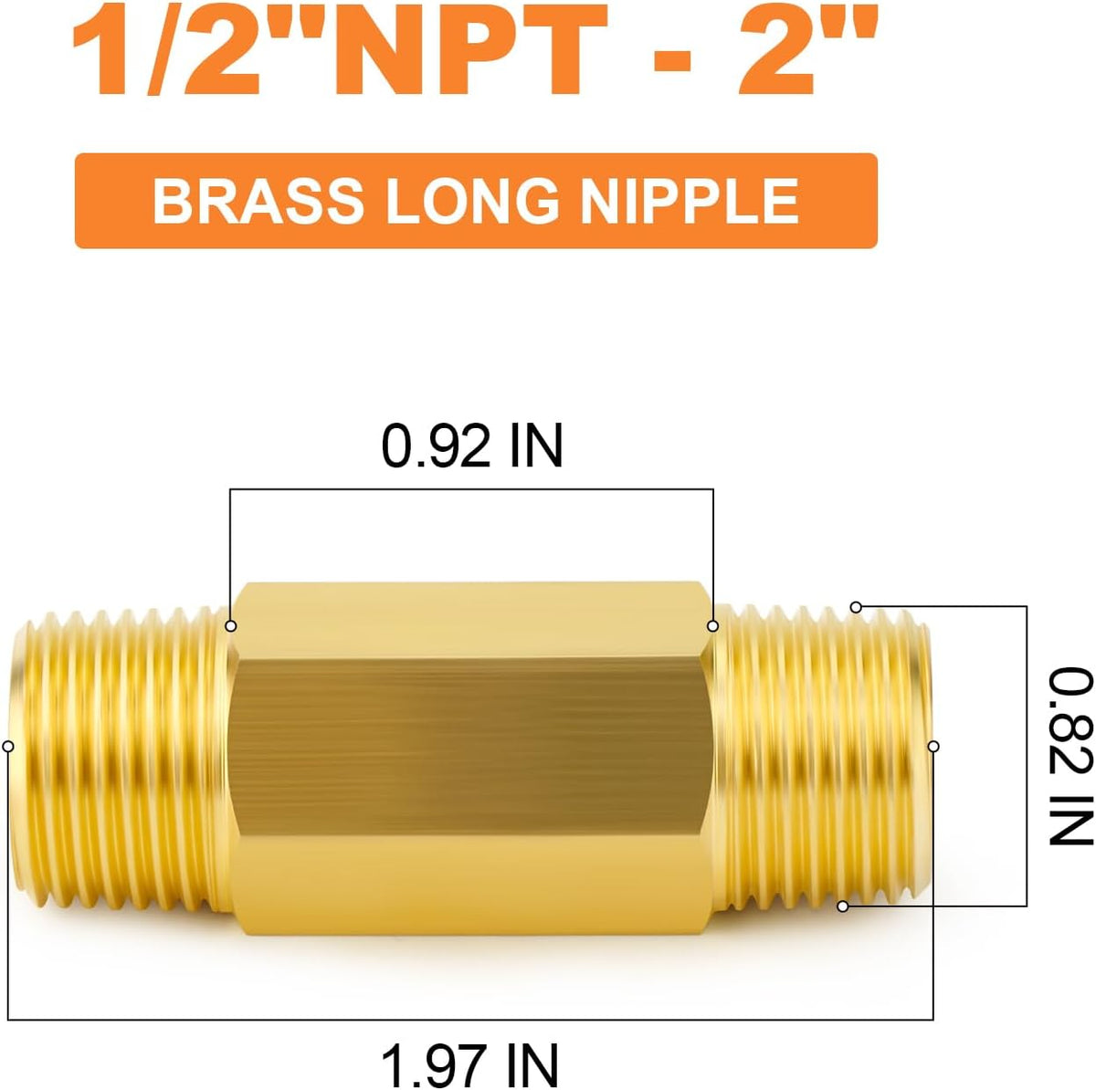 GASHER 2PCS 1/2" MNPT Brass Long Nipple 2" Length Pipe Fitting