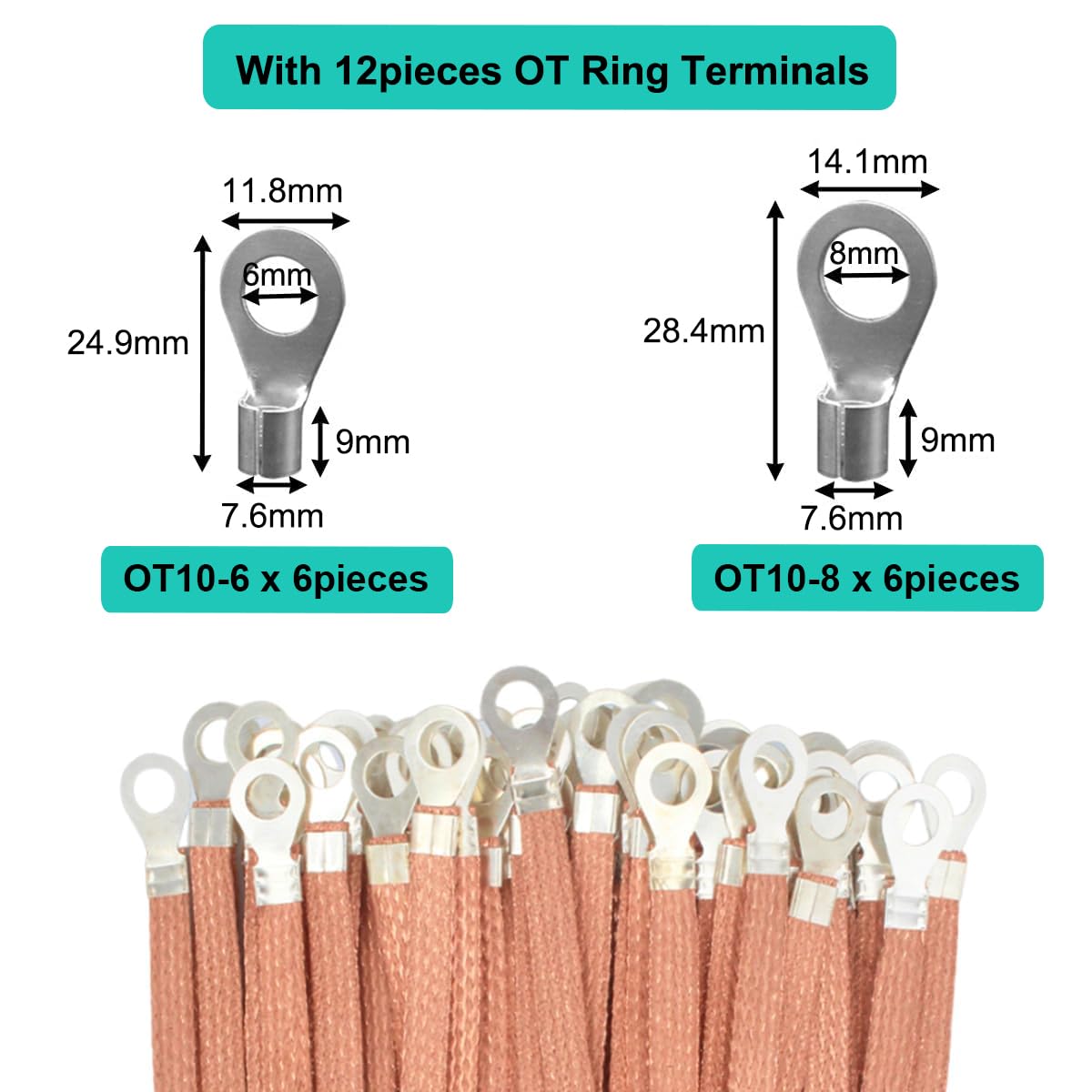 3.28ft 5/8 inch Flat Copper Braided Ground Strap Wire Sleeve Expandable Shielding Wire Mesh with Rings Terminal for Ground Protection Cable