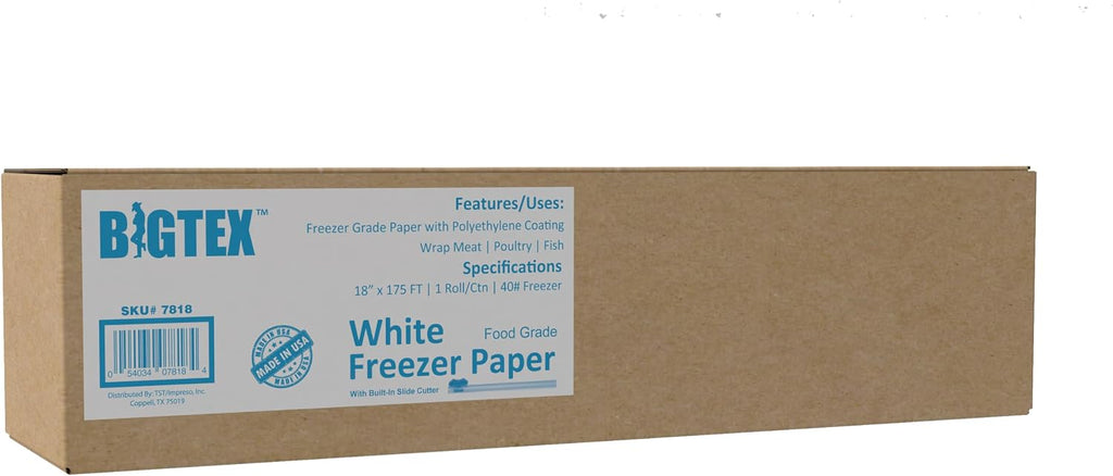 White Freezer Paper 18 inch x 175 feet, 2” Core, 1 Roll, 40lb. Big Tex by ALLIANCE – Food Grade Paper W/Side Cutter