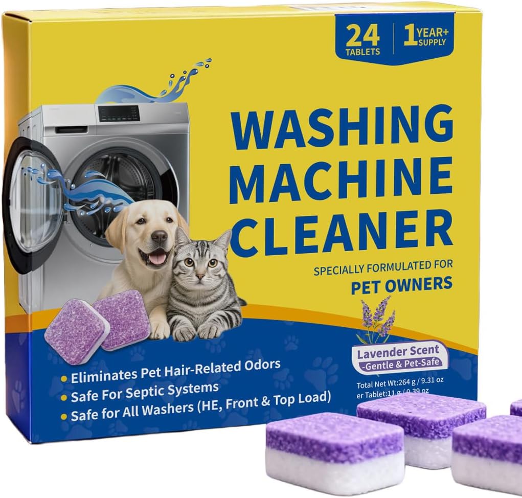24 Count Washing Machine Cleaner for Pet Hair Relief Tablets - HE-Safe, Septic-Safe, Lavender Scent, 1-Year+ Supply