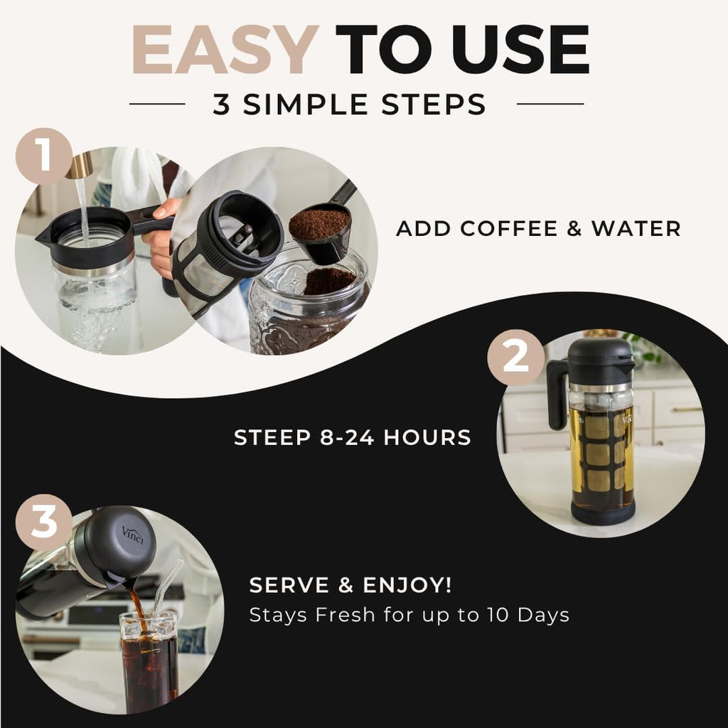 Cold Brew 360 Dual-Filter Iced Coffee Maker, 47 oz Glass Pitcher | Manual No Power Brewing, Up to 50% Faster, 6–12