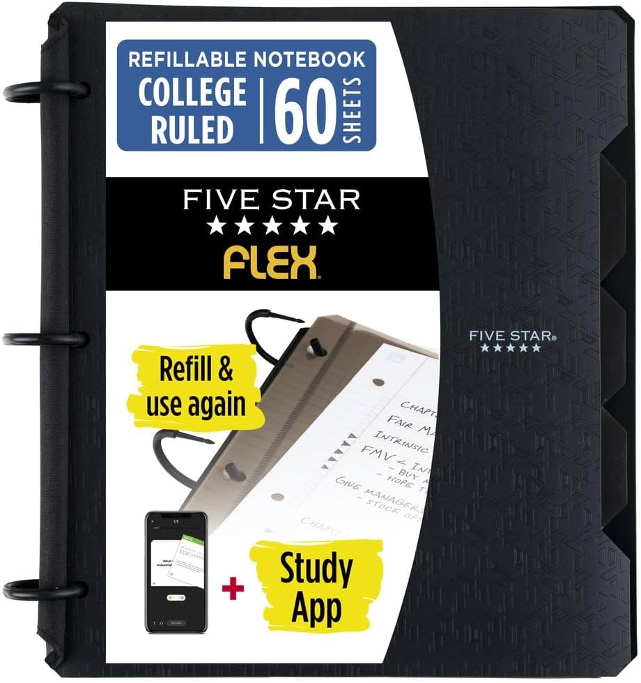 Flex Refillable Notebook + Study App, College Ruled Paper and 1 Inch TechLock Ring Binder with Pockets, Tabs and