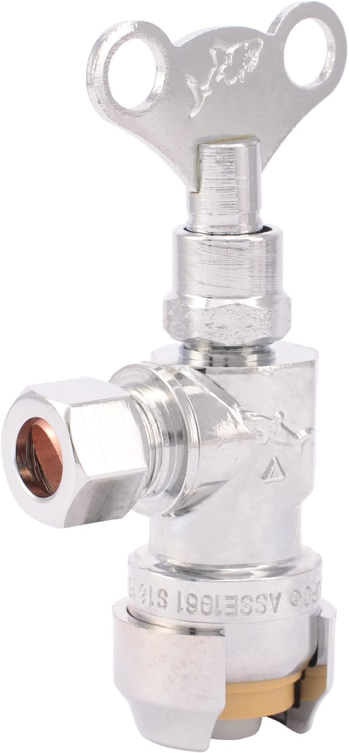 1/2 x 3/8 Inch Compression Angle Stop Valve, Loose Key Quarter Turn, Push to Connect Brass Plumbing Fitting, Chrome