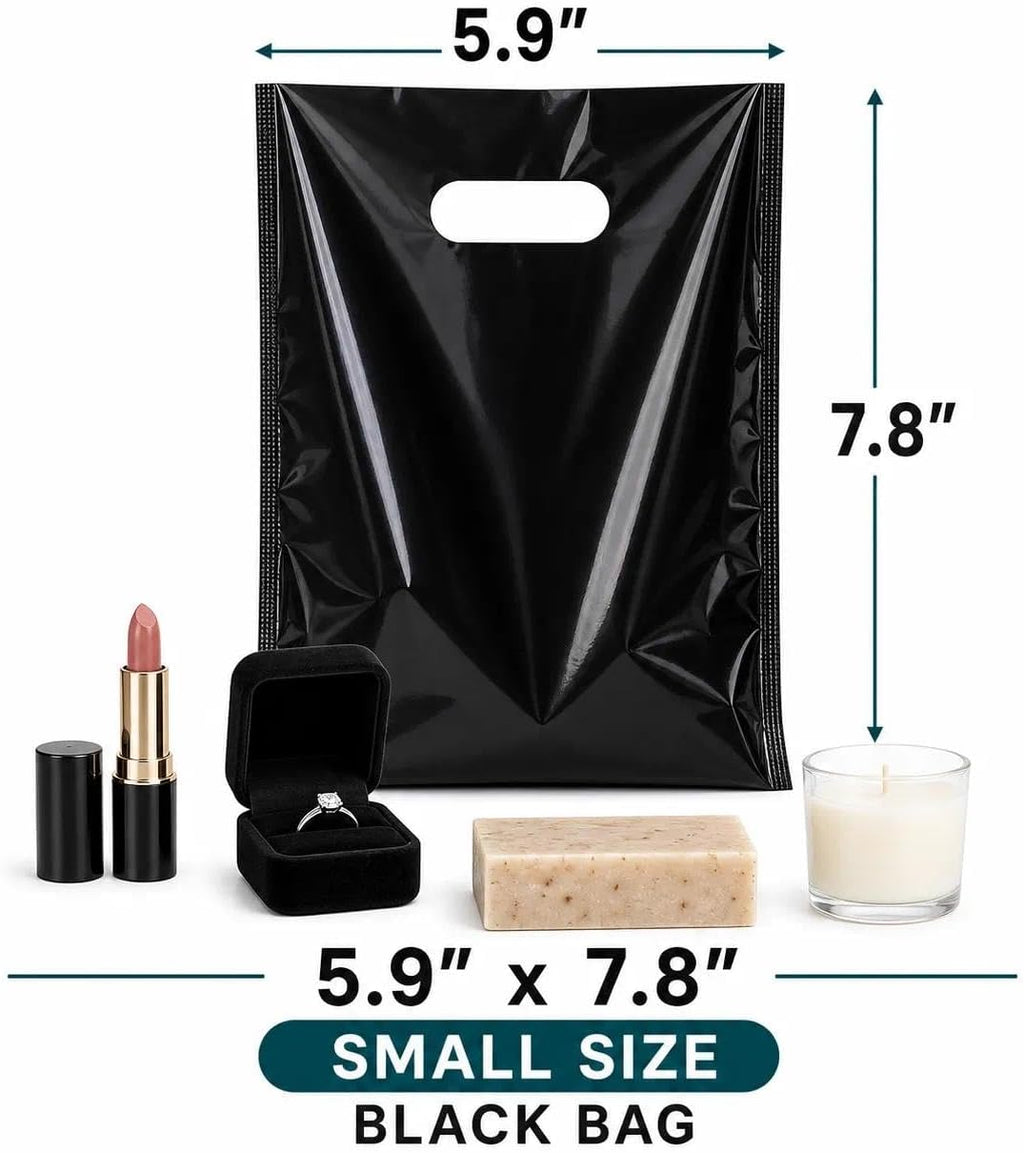 Small Black Plastic Shopping Bag for Small Business Plastic Merchandise Bag with Handle Poly Die Cut for Retail 100