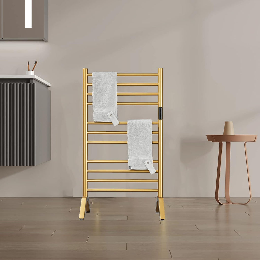 Electric Towel Warmers Radiator with Timer Gold, 140W Wall-Mounted & Freestanding Heated Towel Drying Rack with 11